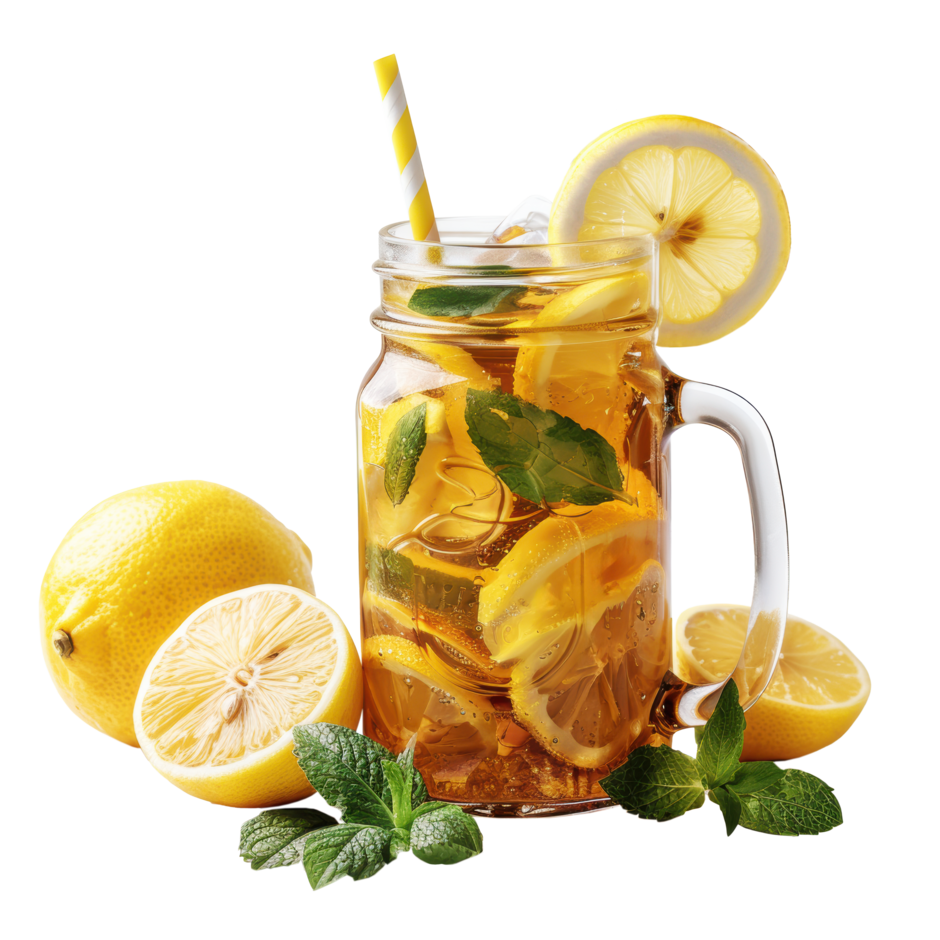 Ein Glas mit einer selbstgemachten Limonade und Zitronenscheibe als Deko.