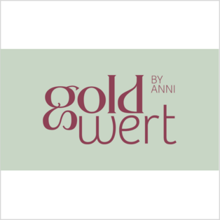 Logo mit dem Schriftzug 'gold wert' in rotbrauner Schrift und kleinem Text 'BY ANNI' rechts oben.