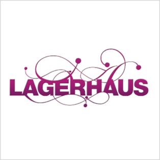 Das Wort 'LAGERHAUS' in Großbuchstaben, umgeben von geschwungenen Linien und Punkten in Purpur.