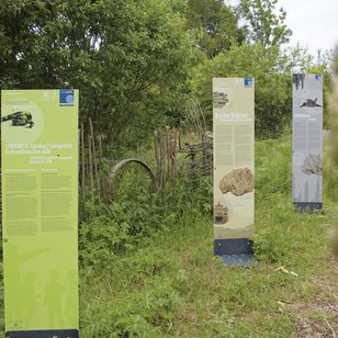 Drei Informationsschilder auf einem Weg in einem grünen, bewachsenen Gebiet mit Bäumen und Gras