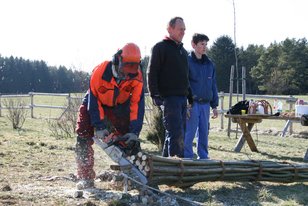 Person in orange Schutzkleidung sägt Weidenzweige, zwei weitere Personen beobachten die Pflanzung des Weidenpavillons im Freien