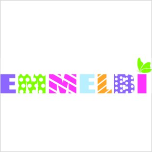 Bunt gestalteter Schriftzug 'EMANELBI' mit verschiedenen Mustern und einem grünen Blatt am Buchstaben I.