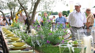 Lange gedeckte Tafel mit grünen Tellern und Gläsern unter Bäumen, Menschen betrachten die Dekoration bei Einweihung im Rahmen des Sommermarktes