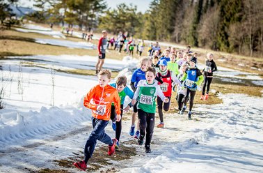 Kinder laufen bei einem Winterlaufwettbewerb auf einem schneebedeckten Feld mit Wald im Hintergrund