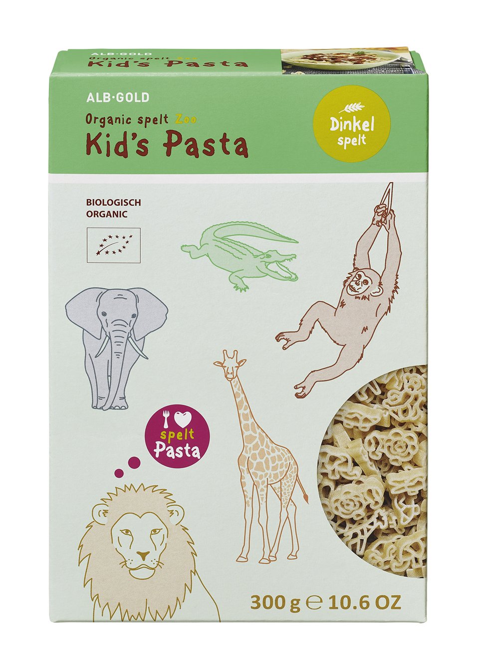 Pack of green-colored Kids Pasta with animal illustrations including elephant, crocodile, giraffe, and lion on the packaging
