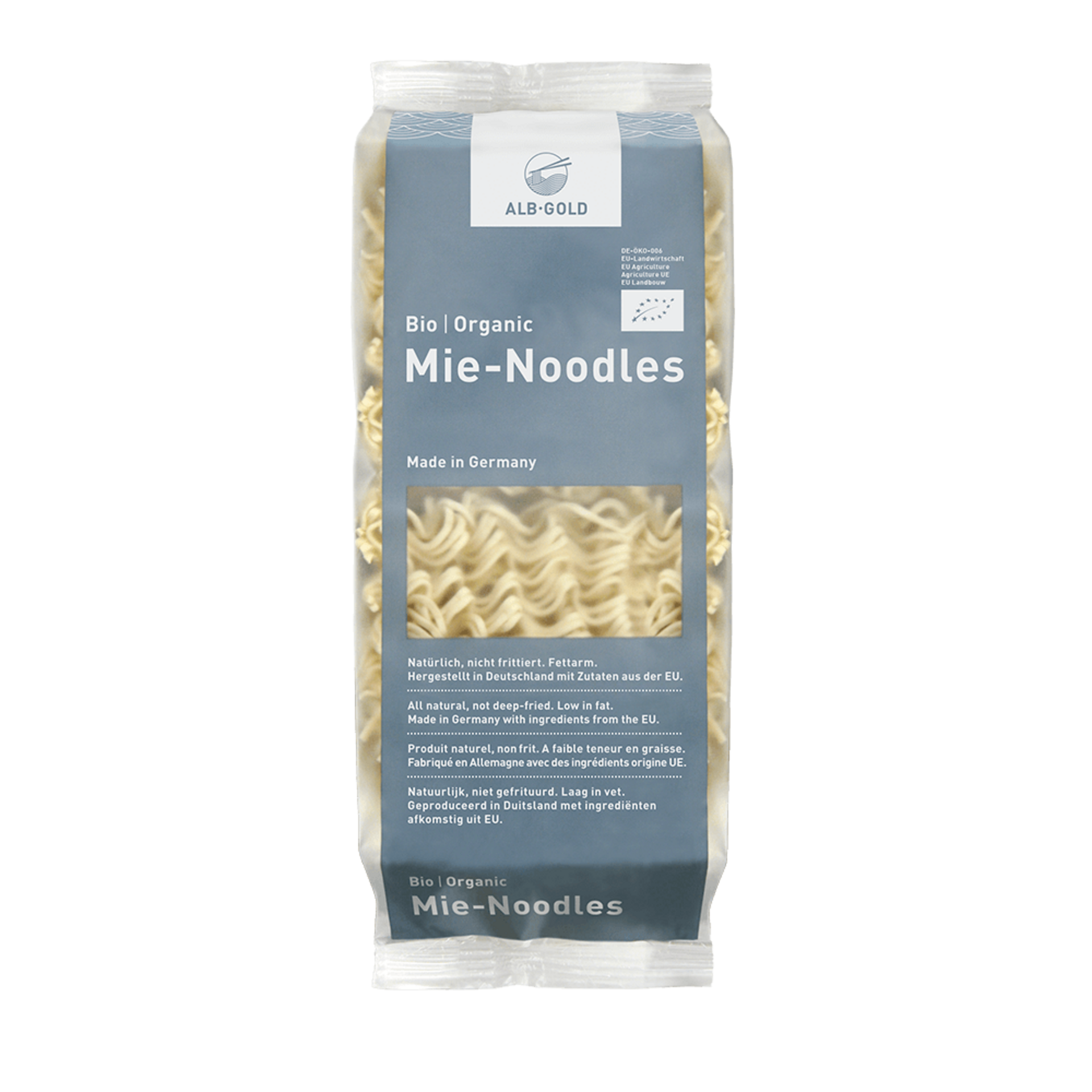 ALB-GOLD ASIA Mie-Noodles package with transparent window showing thin yellow noodles inside