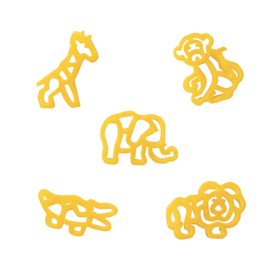 Five pieces of yellow pasta shaped like animals including a giraffe, lion, elephant, hippopotamus, and rhinoceros