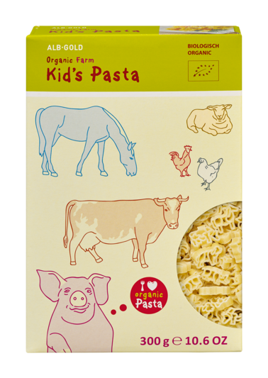 Box of organic Kid's Pasta with animal-shaped pasta including horse, pig illustrations on the packaging