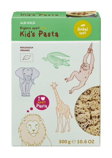 Pack of green-colored Kids Pasta with animal illustrations including elephant, crocodile, giraffe, and lion on the packaging