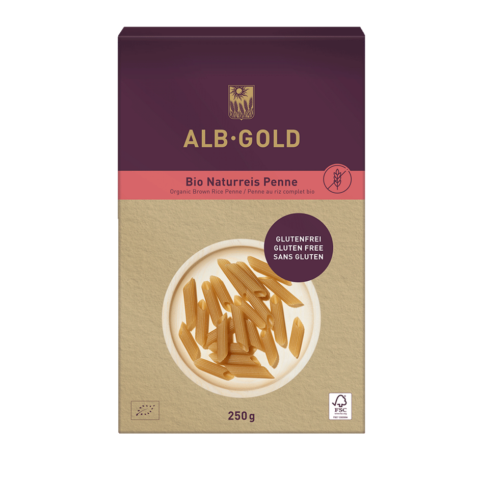 ALB-GOLD gluten free brown rice penne pasta in brown and purple paper packaging