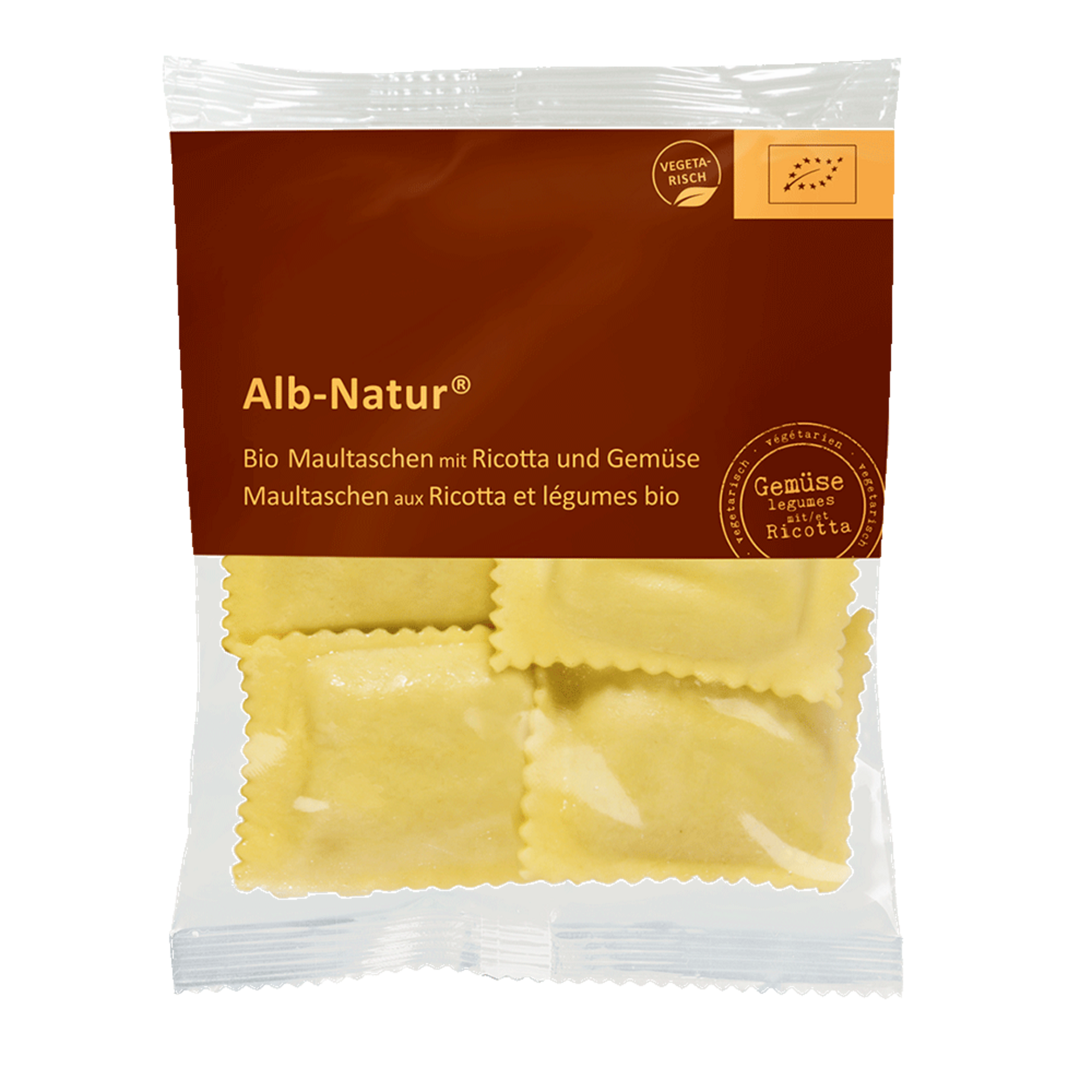 Alb-Natur Bio Maultaschen mit Ricotta und Gemüse in braun-weißem Verpackungsbeutel, vegetarisch, Bio-Siegel sichtbar