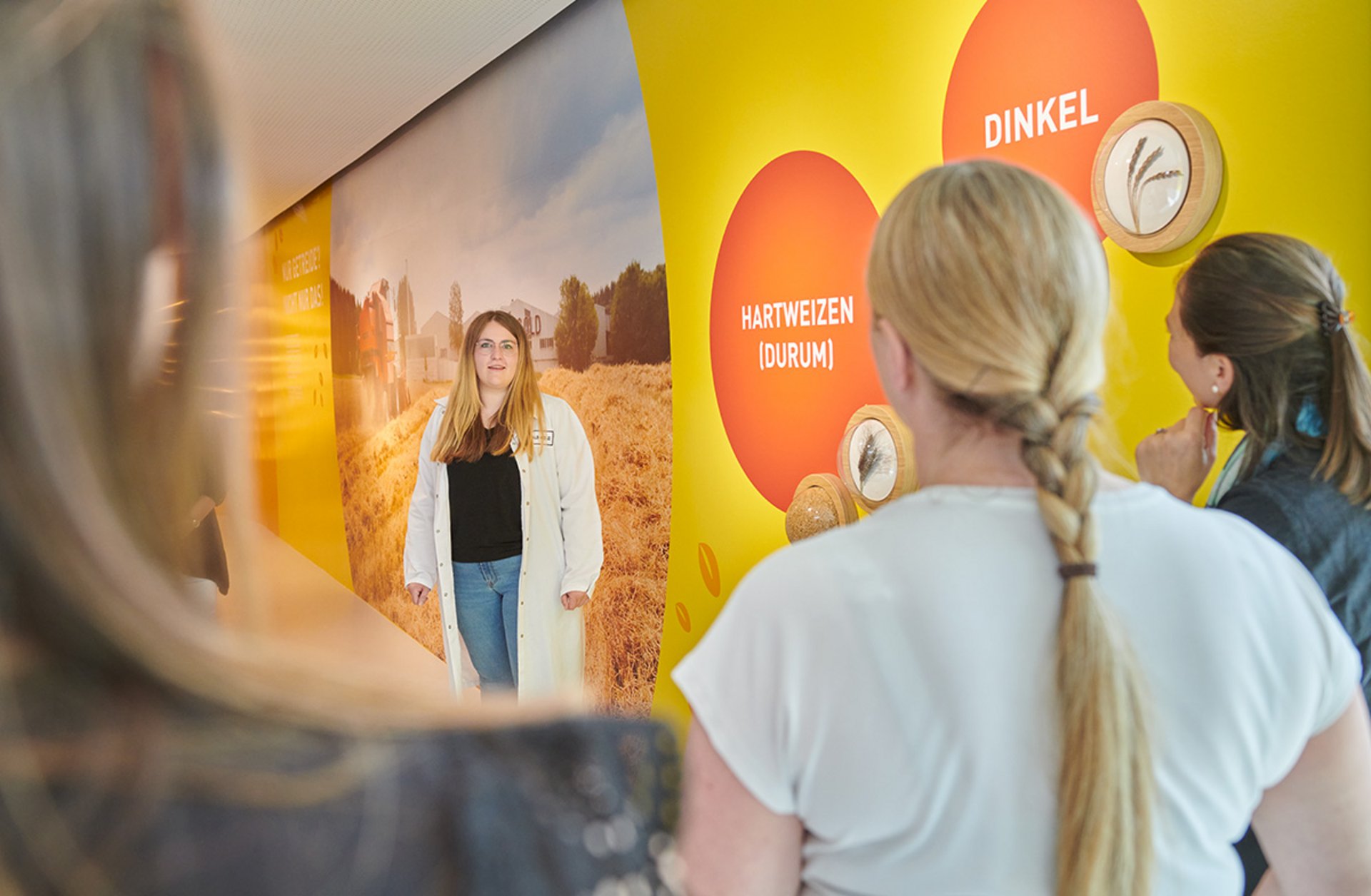 Drei Frauen betrachten eine gelbe Wand mit Beschriftungen zu Getreidesorten wie 'Hartweizen (Durum)' und 'Dinkel', eine vierte Frau steht vor der Wand und spricht