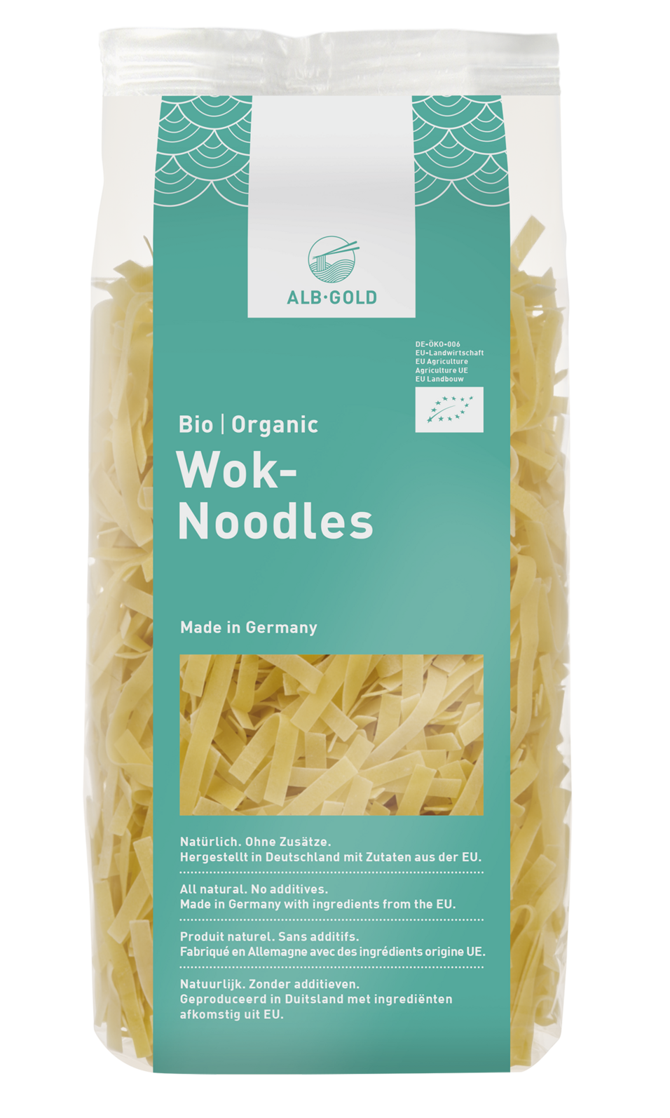 Package of organic white rice wok noodles with a green and white label