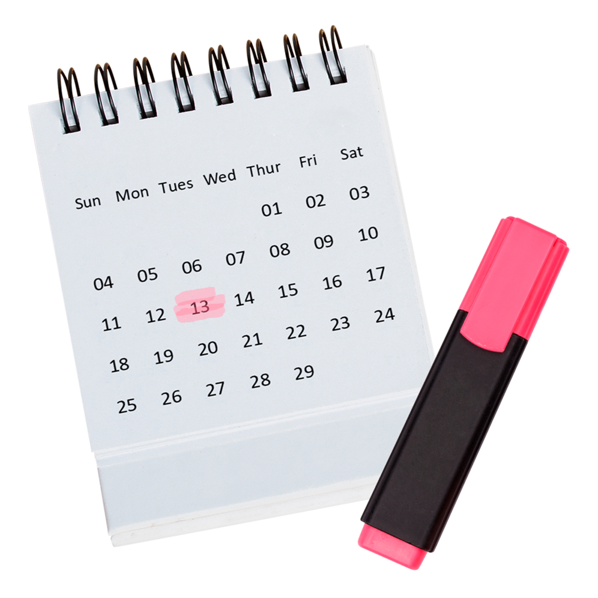 Ein Tischkalender mit einem pinken Textmarker.