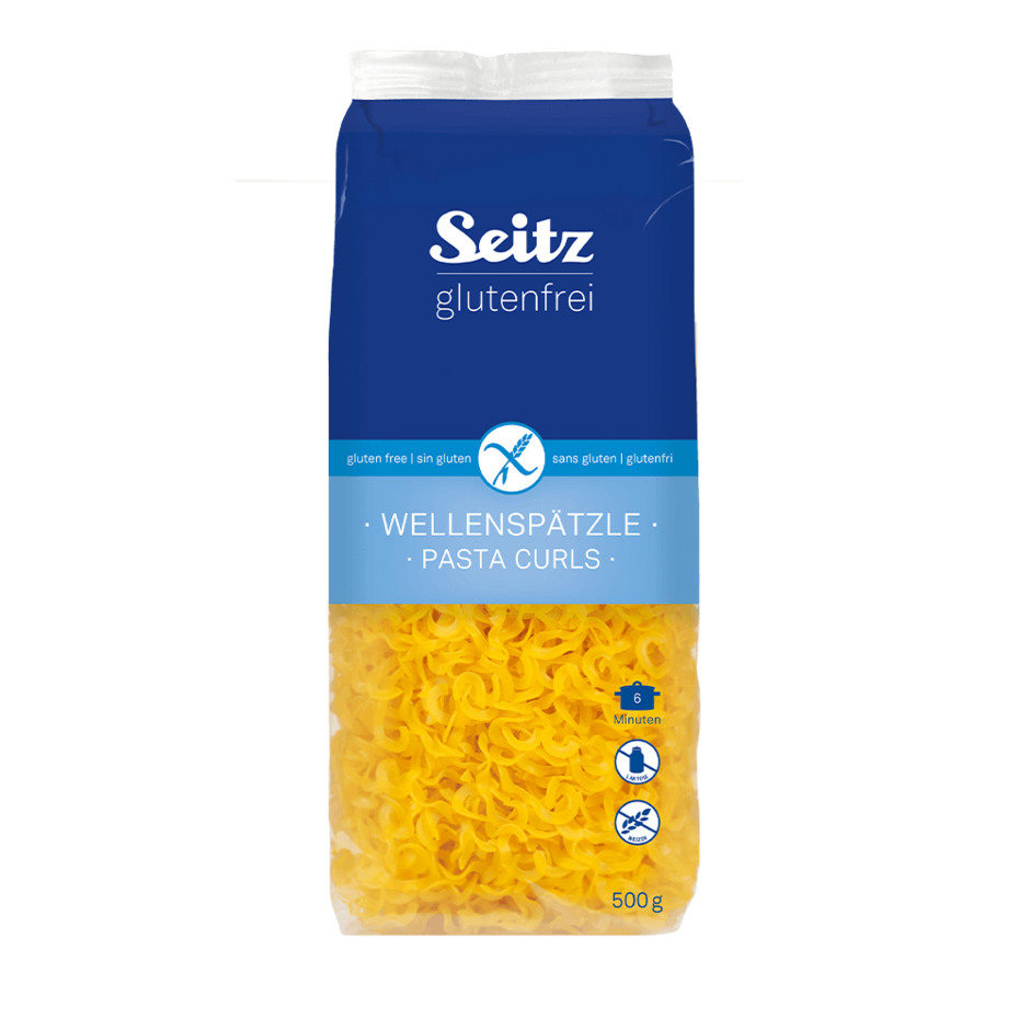 Seitz glutenfreie Wellenspätzle Pasta Curls in 500g Packung mit blauer Verpackung und Kochzeit 8 Minuten