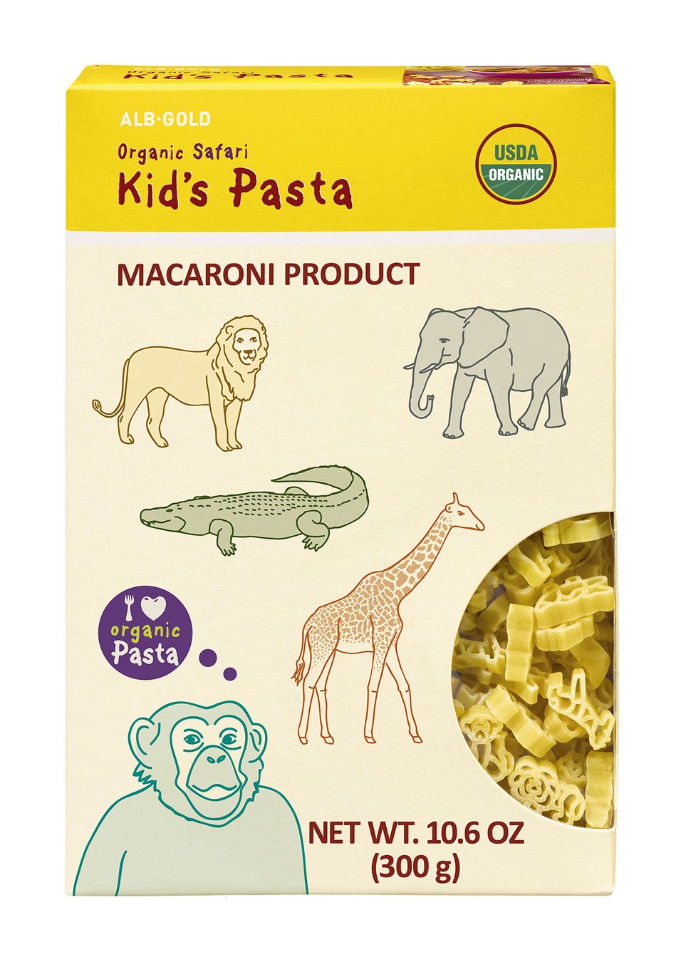 Yellow box of Kid's Pasta with animal-shaped pasta including lion, elephant, crocodile, giraffe, and monkey illustrations