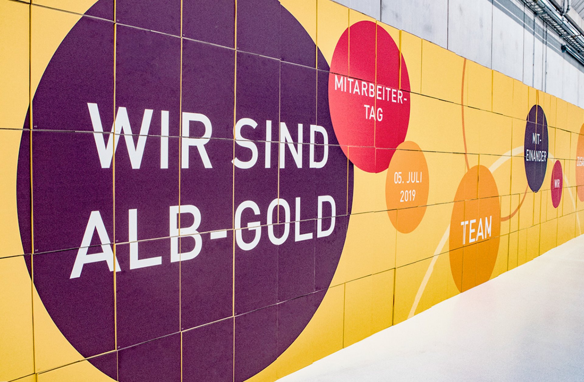 Eine gelbe Wand mit bunten Kreisen, darunter ein großer mit der Aufschrift "WIR SIND ALB-GOLD".