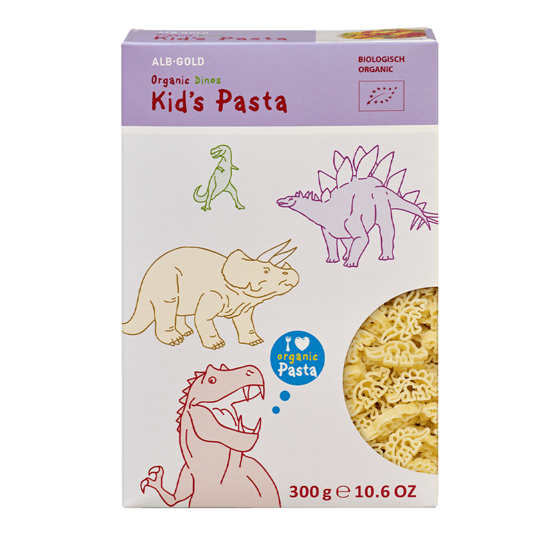 ALB-GOLD Kids Pasta Dinos folding box with dinosaur-shaped pasta, 300g