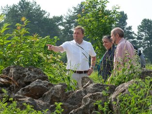 Gruppe von Personen, die Pflanzen in der Natur erkunden.