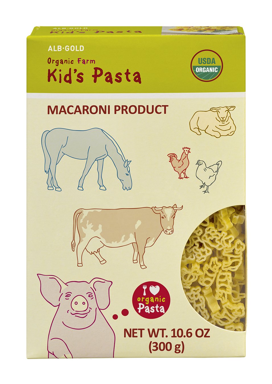 Yellow box of Kid's Pasta with animal-shaped pasta including lion, elephant, crocodile, giraffe, and monkey illustrations