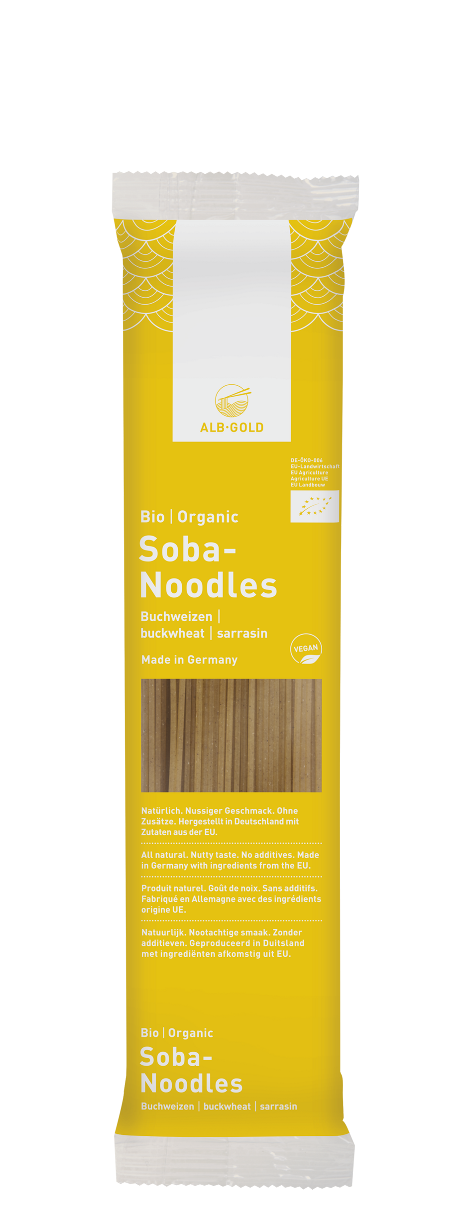 Yellow package of soba noodles with clear window showing brown noodles inside