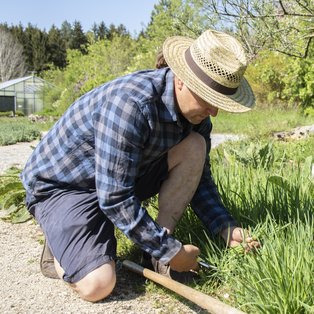 Gärtner trägt einen Hut während der Gartenpflege.