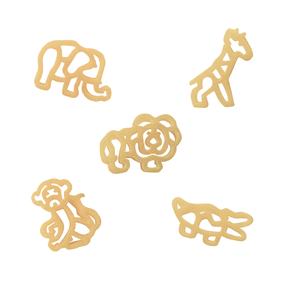 Simple yellow line drawings of a lion, giraffe, monkey, elephant, and crocodile