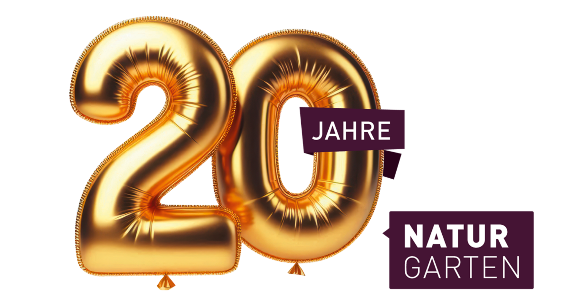 Goldene Luftballons in Form der Zahl 20 mit Text 'Jahre Natur Garten'