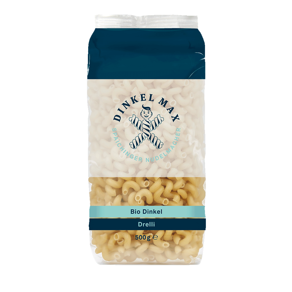 500g Packung Bio Dinkel Drelli von Dinkel Max mit blauem und weißem Etikett