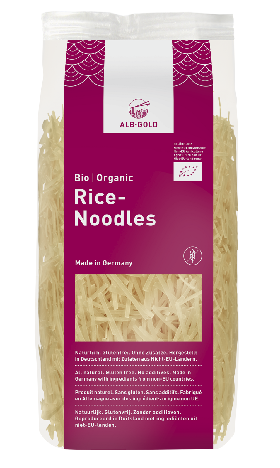Clear package of rice noodles with purple and white label showing product name and description
