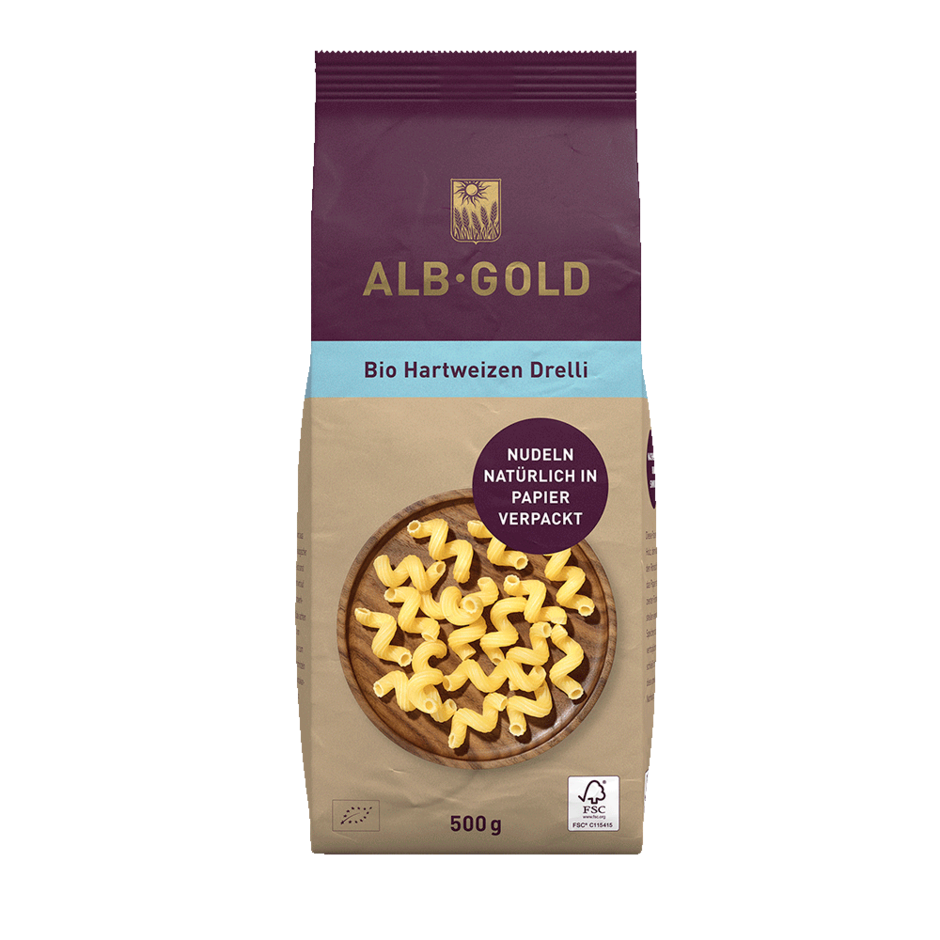 ALB-GOLD durum wheat drelli pasta in beige and purple packaging with a clear window showing pasta shapes