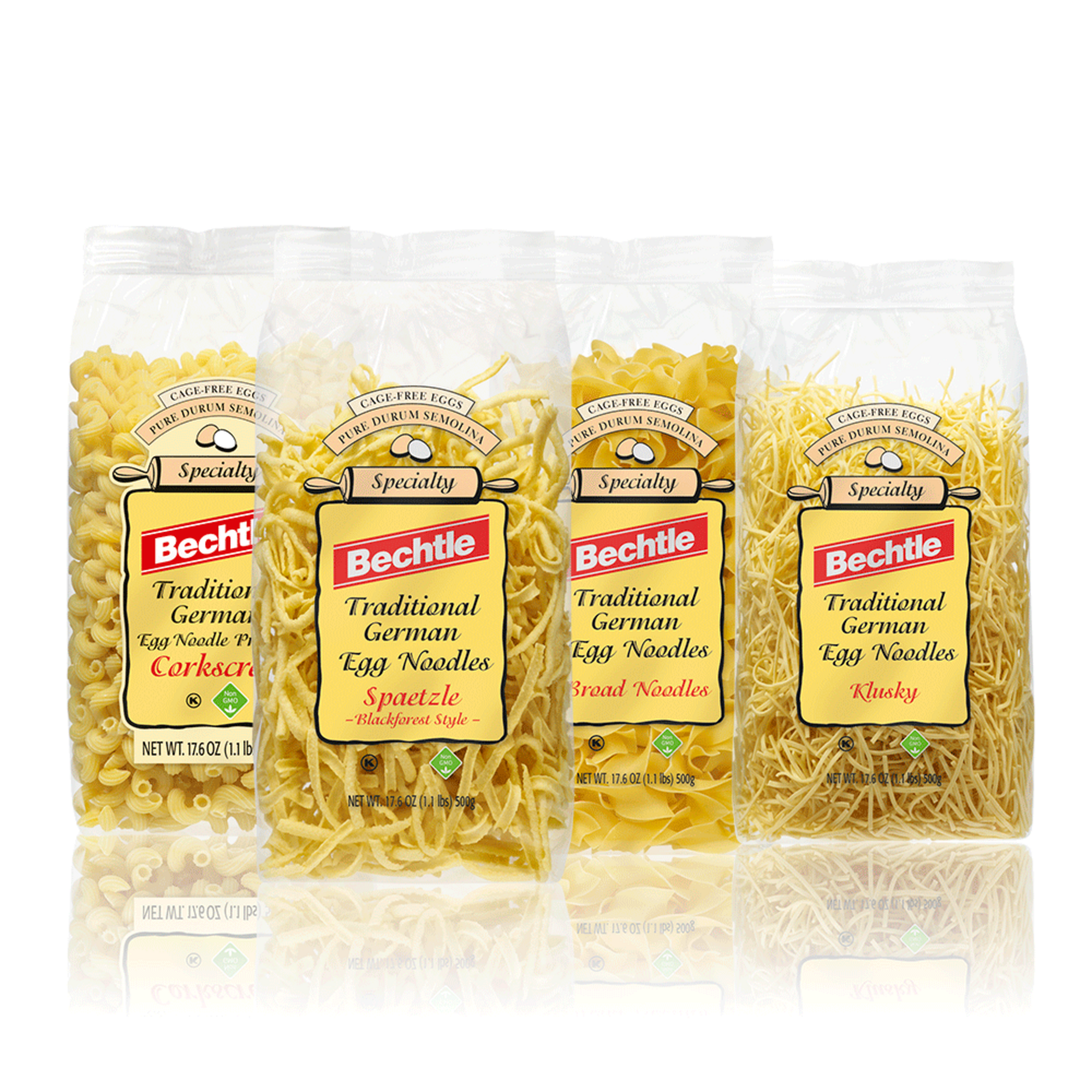 Four packages of Bechtle Pasta in clear plastic bags with yellow labels