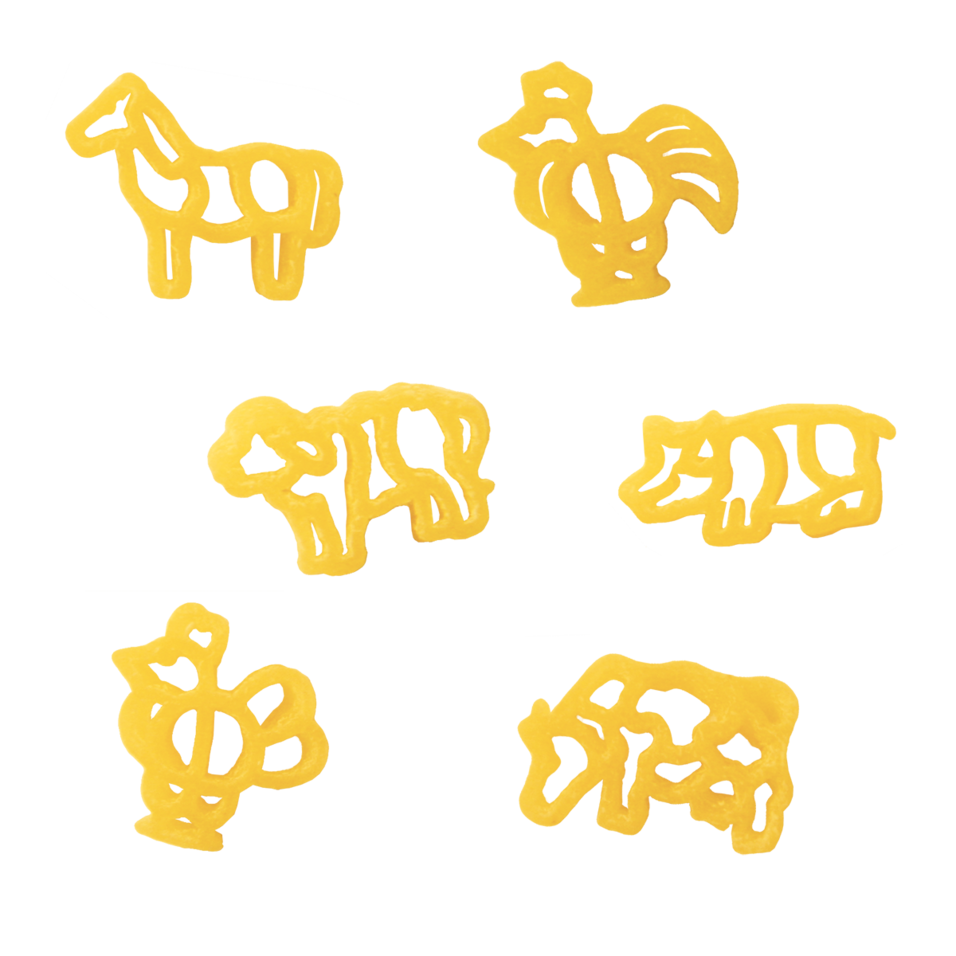 Yellow pasta shaped like farm animals including a cow, rooster, pig, and horse