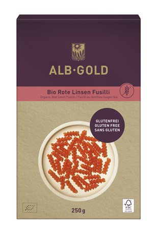 Folding box of red lentil fusilli