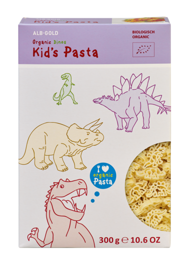 Box of Kids Pasta featuring dinosaur-shaped pasta in yellow color, 300g