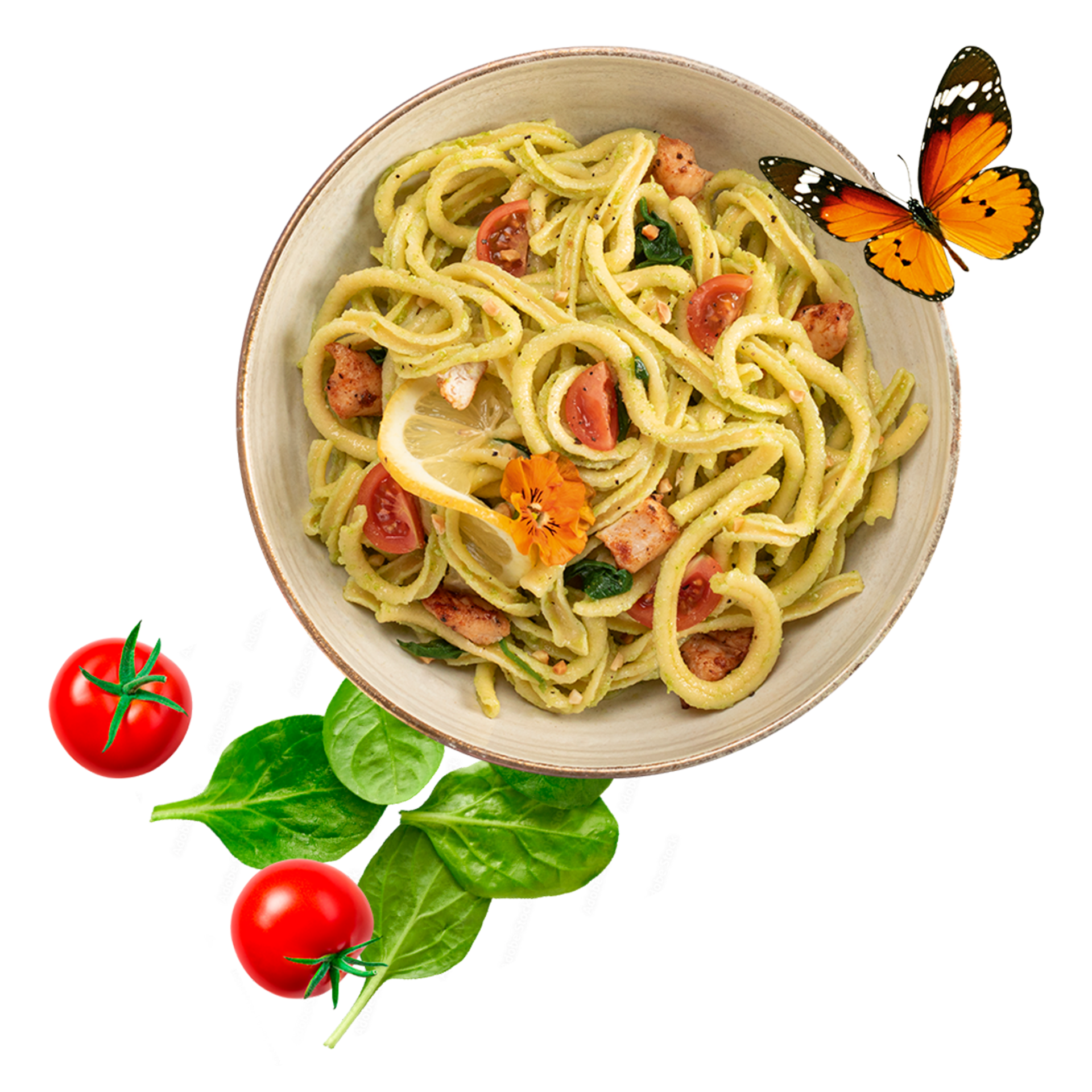 Ein köstliches frisches Pasta-Rezept mit Gemüse und einer Schmetterlingsdekoration.