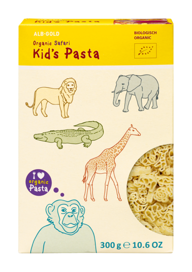 Yellow box of Kid's Pasta with animal-shaped pasta including lion, elephant, crocodile, giraffe, and monkey illustrations