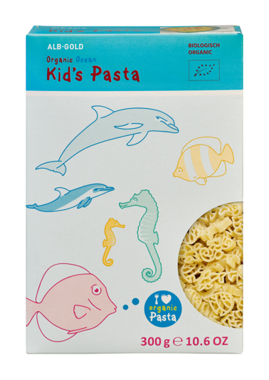 Box of Kid's Pasta with ocean animal shapes including dolphin, fish, and seahorse, 300g