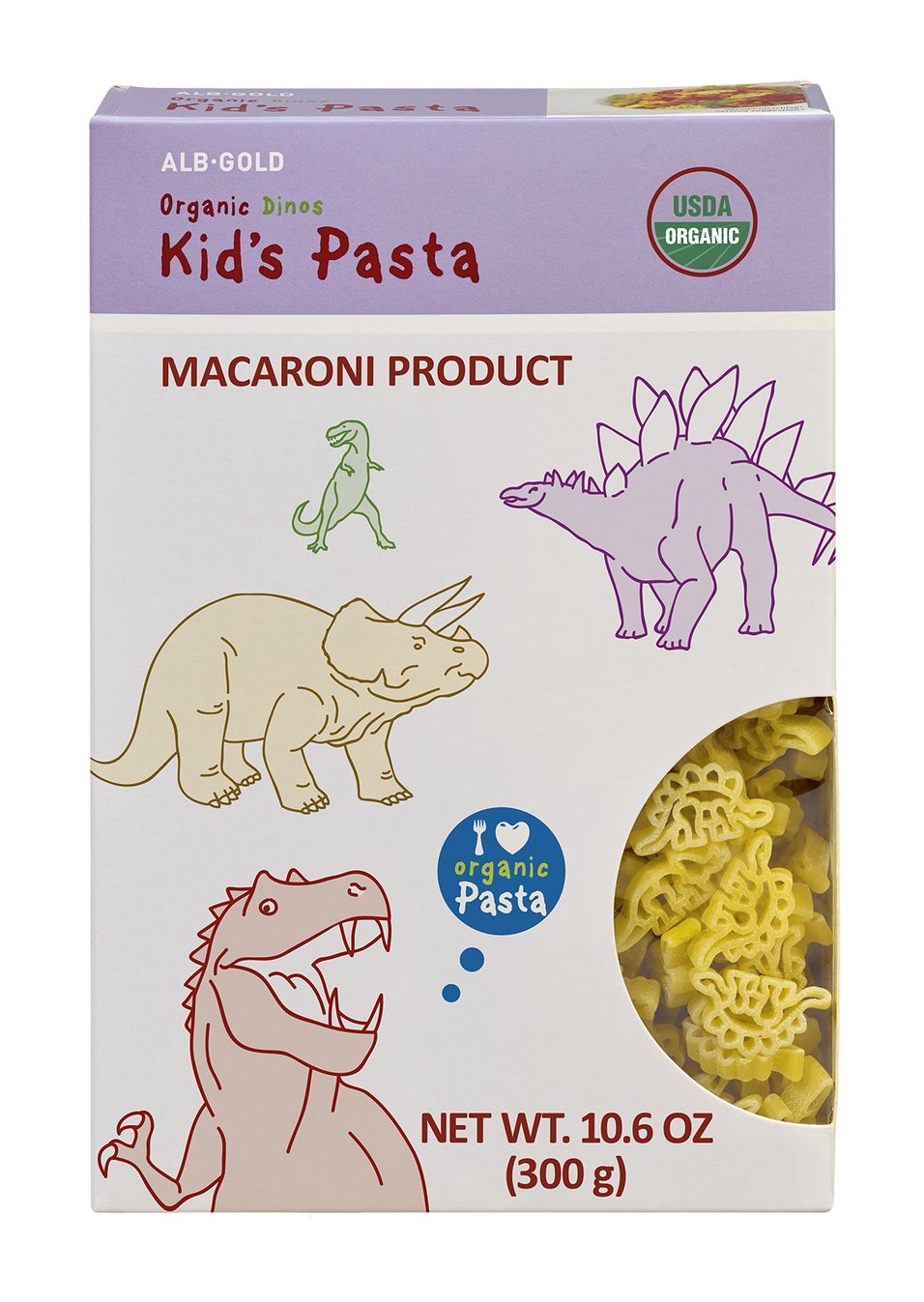 Box of Kids Pasta featuring dinosaur-shaped pasta in yellow color, 300g