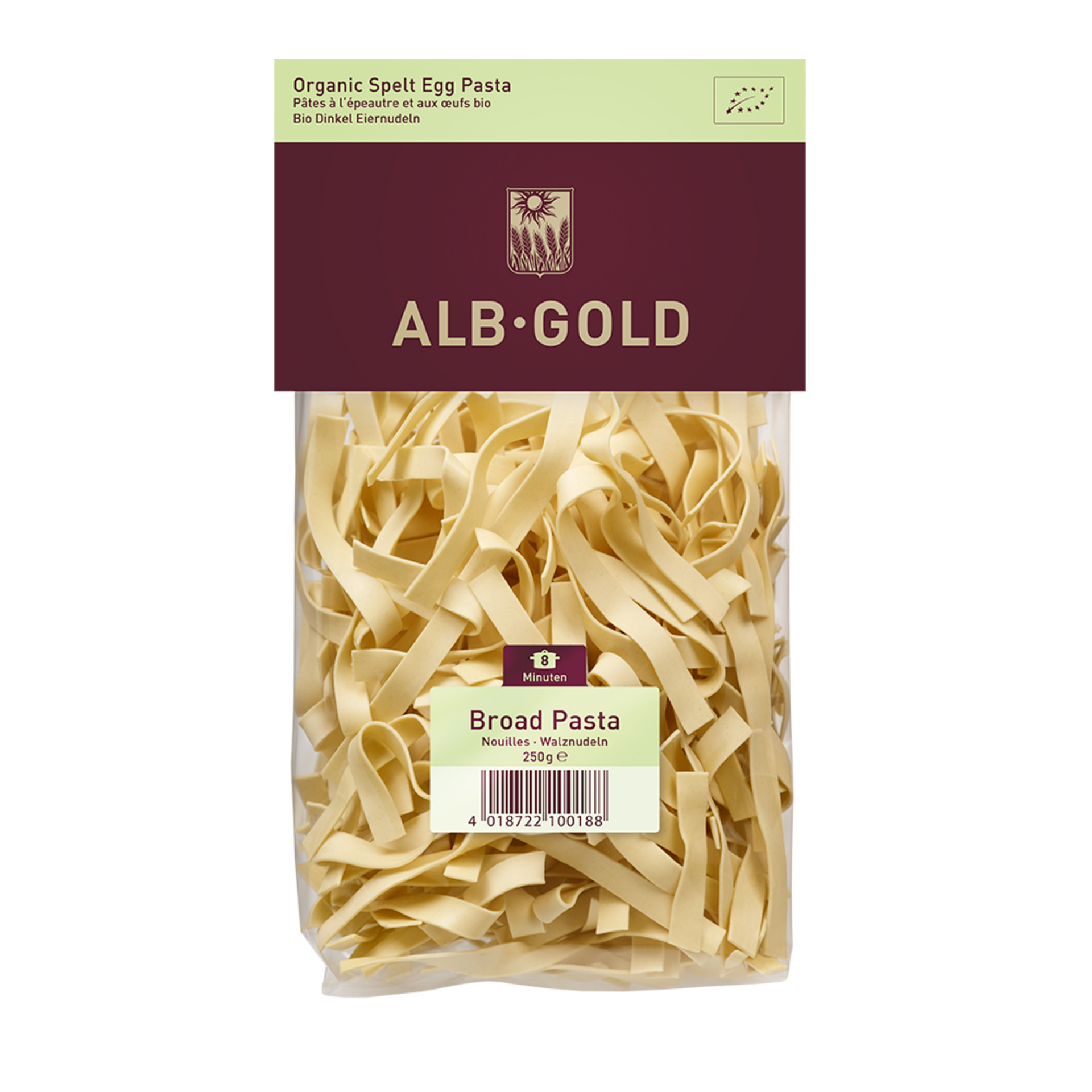 ALB-GOLD Regular Range broad pasta in clear plastic bag with maroon label and white text