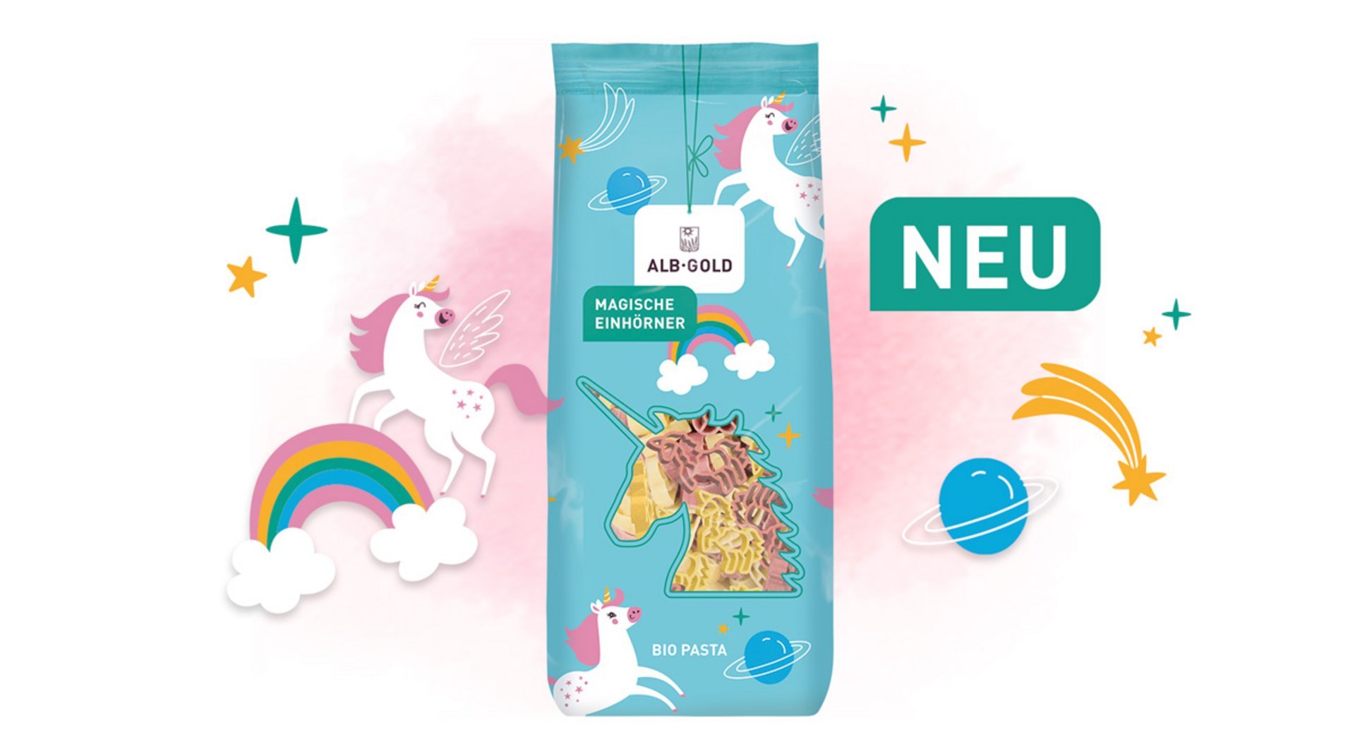 Eine hellblaue mit Einhörnern und Regenbogen verzierte Verpackung der neuen ALB-GOLD Einhorn Nudeln mit dem Störer "NEU".