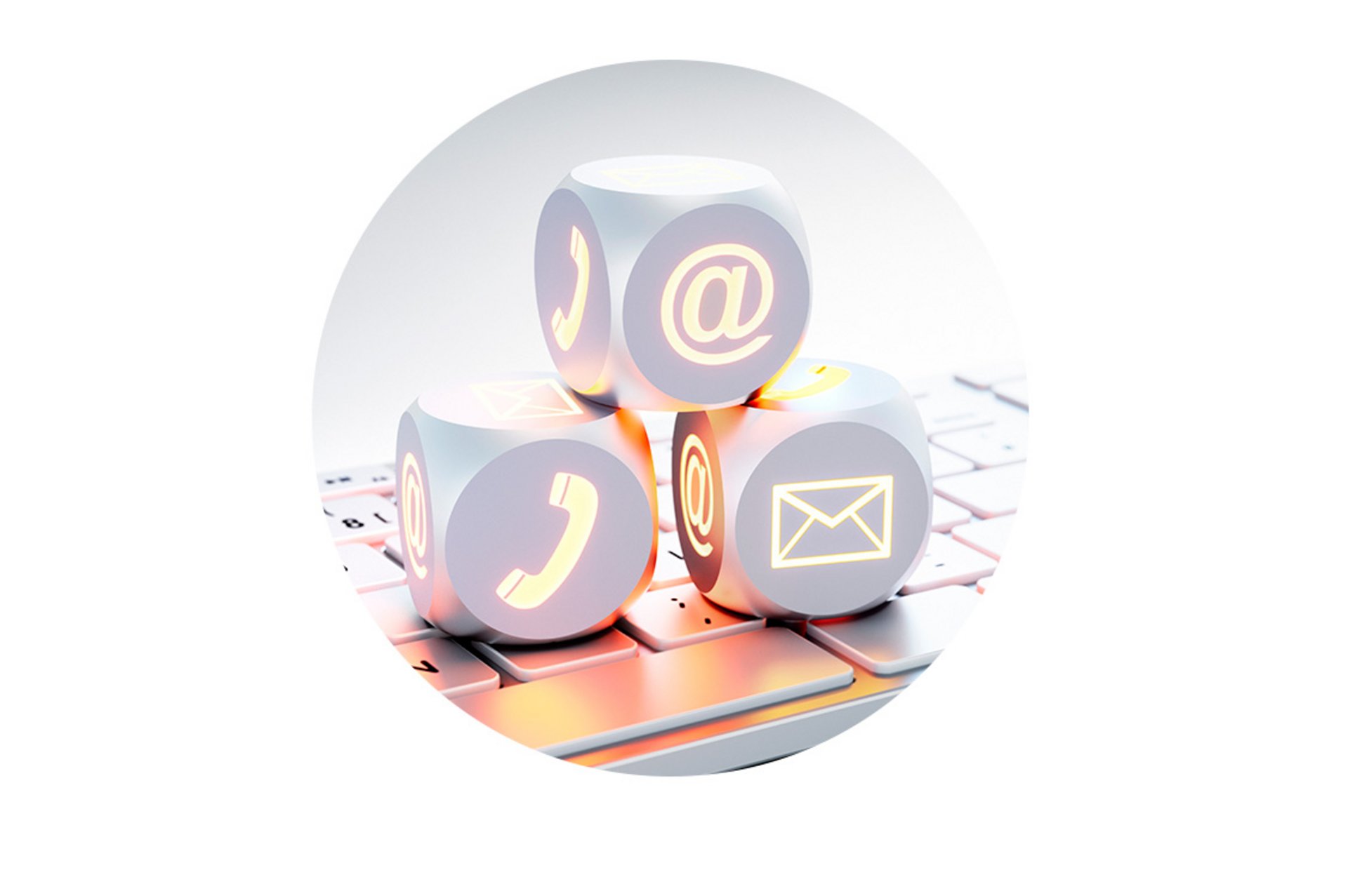 Three metallic cubes with symbols for phone, email, and at sign on a reflective surface