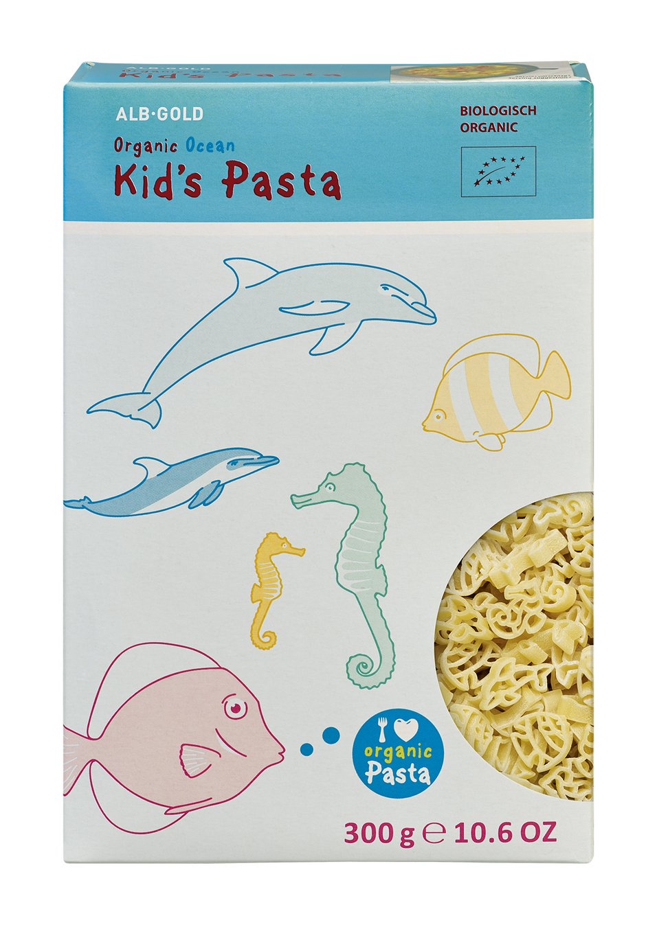 Box of Kid's Pasta with ocean animal shapes including dolphin, fish, and seahorse, 300g
