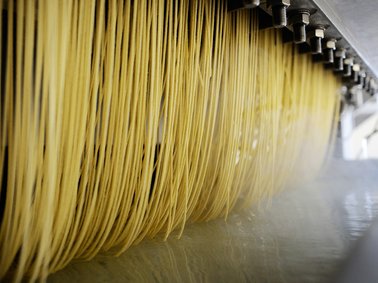 Long strands of noodles being produced and hanging from a pasta machine in a food processing setting