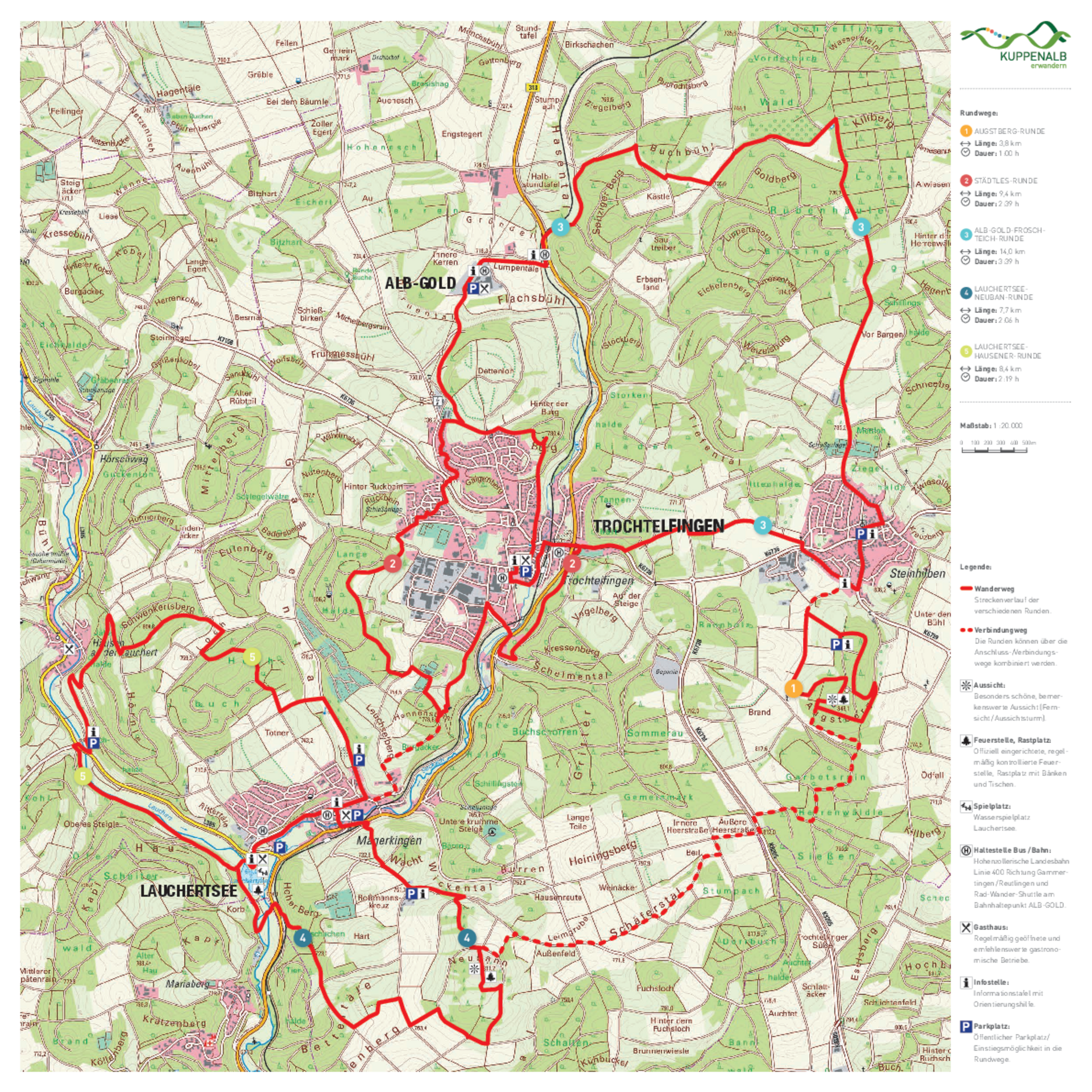 Wanderkarte der Region Trochtelfingen mit markiertem Wanderweg, Startpunkten, Parkplätzen und Sehenswürdigkeiten wie Alb-Gold, Pfronstetten und Lauchertsee.