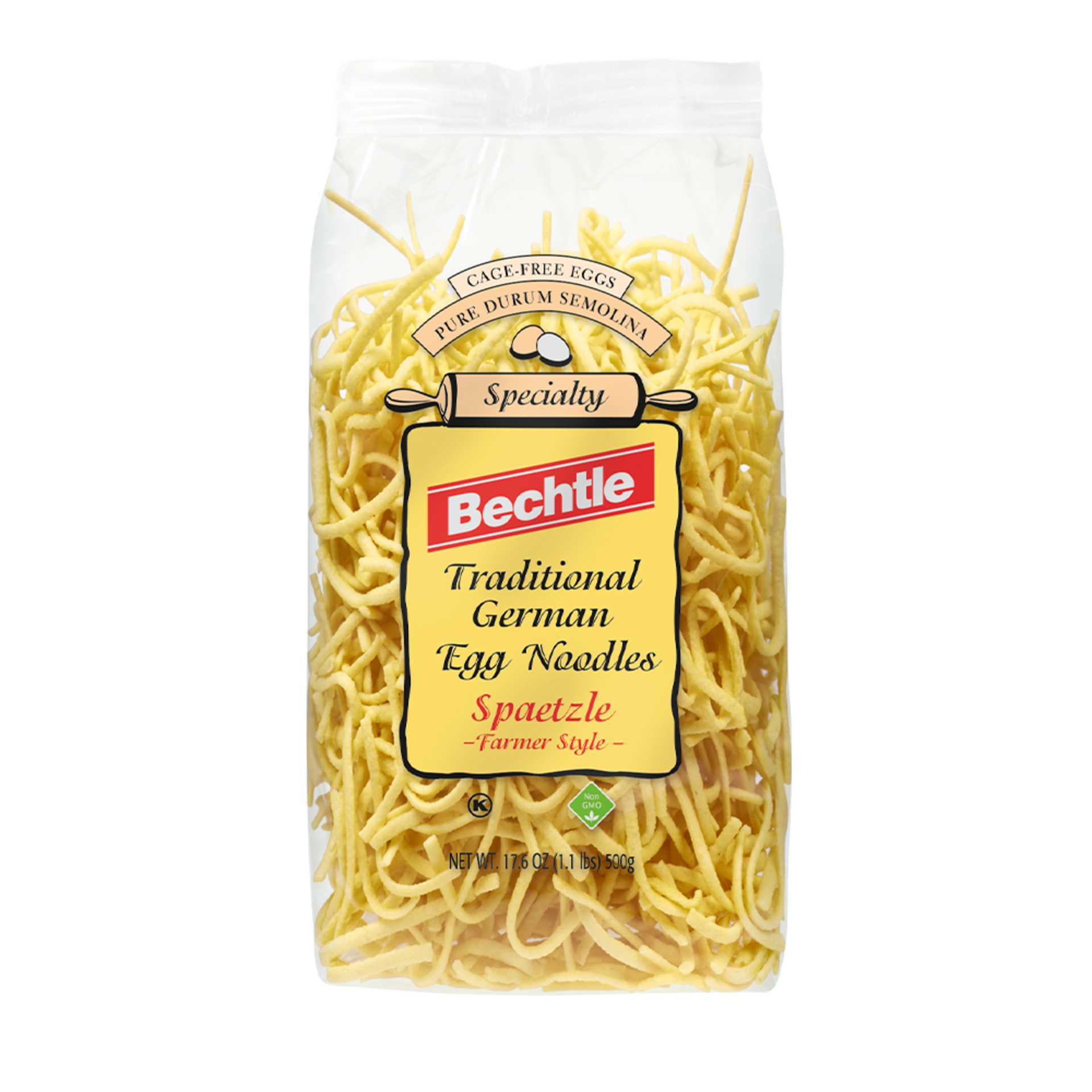 Bechtle Traditional German Egg Noodles in clear plastic bag with yellow and red label