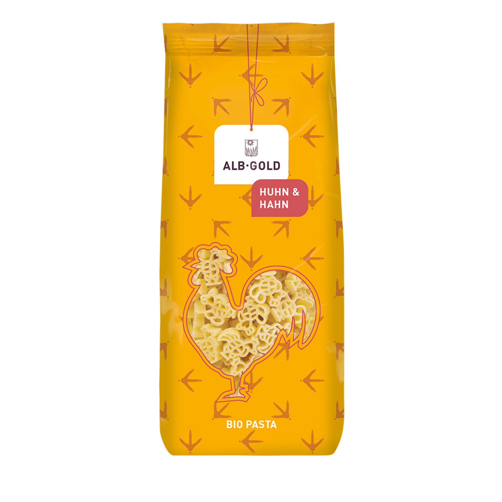 Gelbe Verpackung von Alb-Gold Bio Pasta mit Huhn & Hahn Motiv und durchsichtiger Gockelform, die die Pasta zeigt