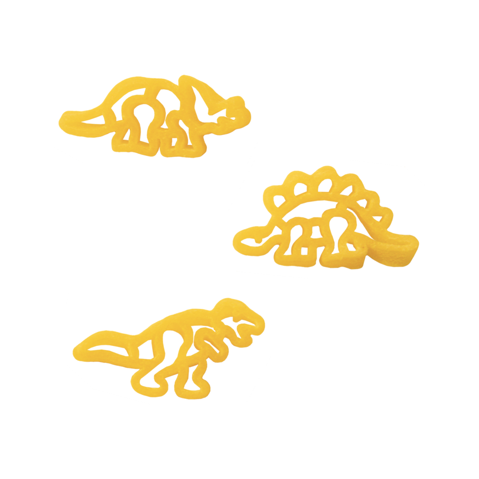 Three yellow pasta pieces shaped like dinosaurs