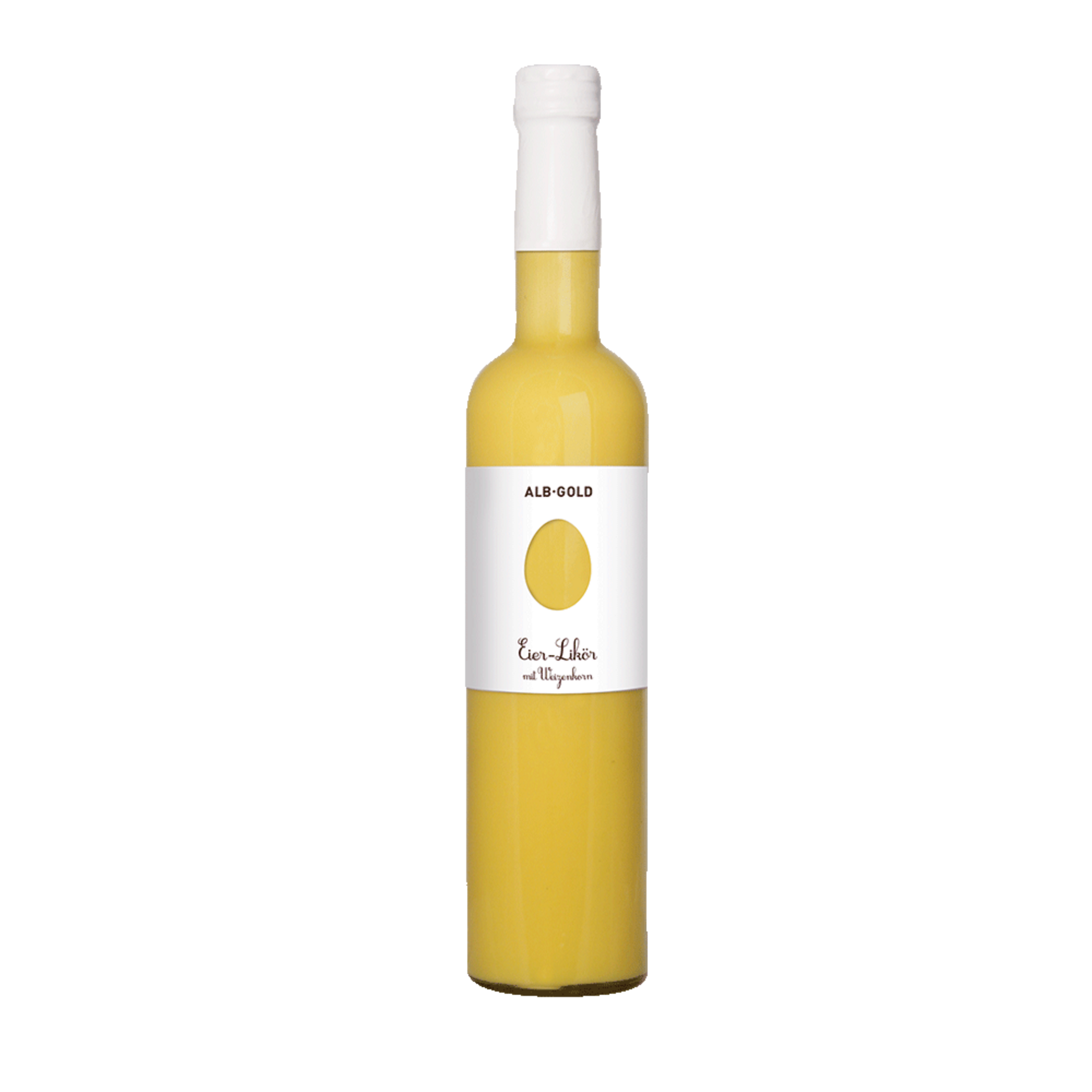 Gelbe Flasche mit weißem Etikett und Aufschrift 'ALB-GOLD' und 'Eier-Likör mit Klopfer'