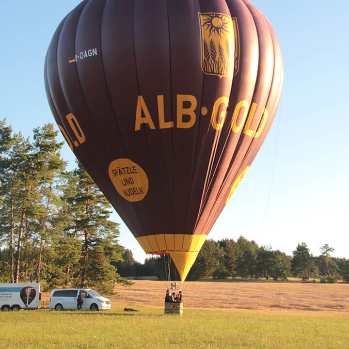 Großer brauner Heißluftballon mit der Aufschrift 'ALB-GOLD' startet auf einem Feld mit Bäumen im Hintergrund